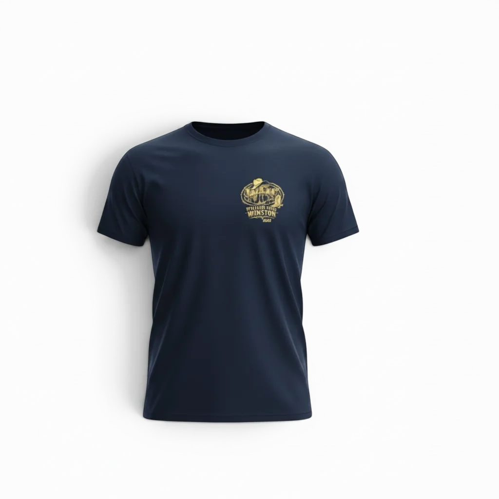 William Fred Winston navy t-shirt — front with WFW crest